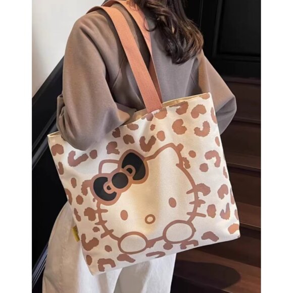 Hello Kitty Leopard Print Canvas Tote Bag Large Brown Shoulder Bag, Cute Retro - Picture 2 of 2